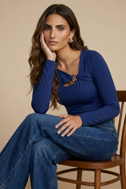 body mujer cuello asimetrico bl 0684 BL-0684 azul navy Xuss imagen 3